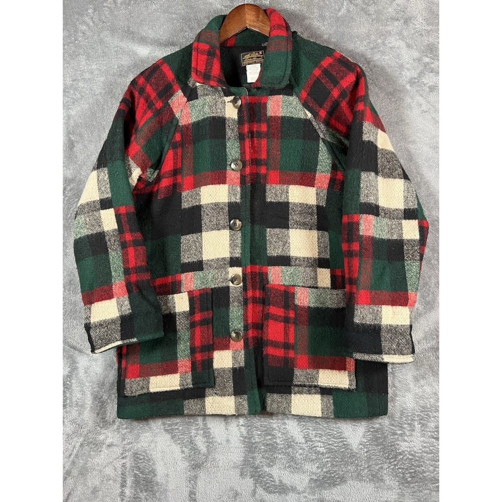 Eddie Bauer Jacket Womens Small Plaid Wool Buffalo Patchwork Coat Oversized Vtg